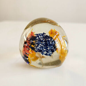 2” Hand Blown Art Glass Paperweight Abstract Blue Orange Controlled Bubble